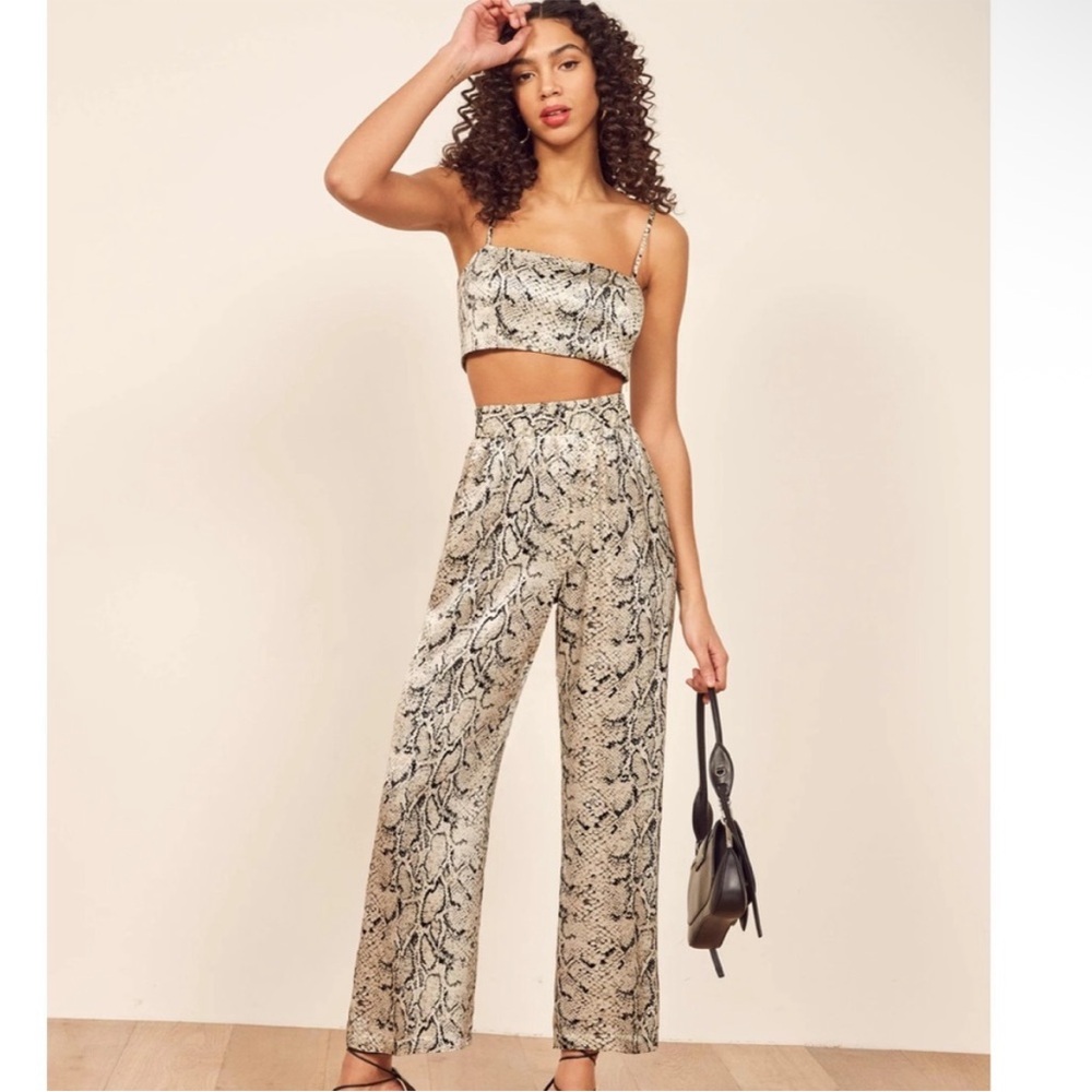 🐍 REFORMATION • silk snake print high two piece crop top and crop pant set